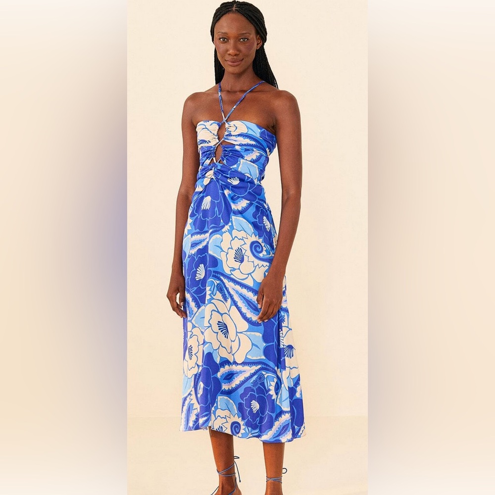 FARM Rio Blue and White Tropical Grove MIDI Dress, size Small, NEW without tags